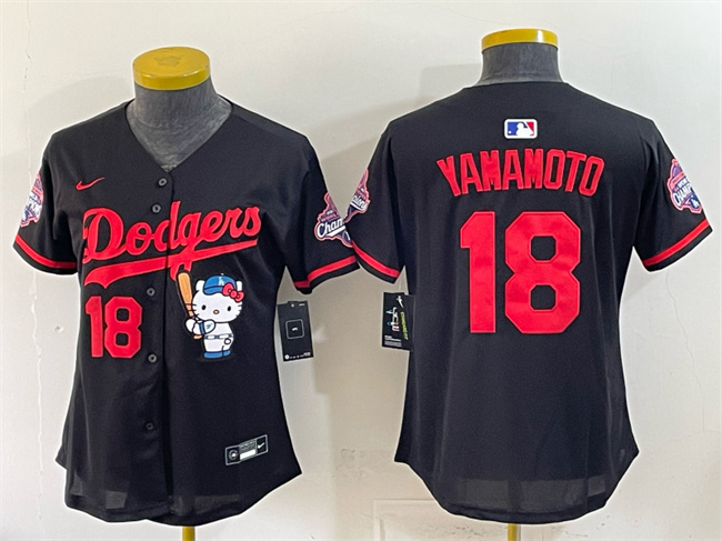 Youth Los Angeles Dodgers #18 Yoshinobu Yamamoto Black Hello Kitty Night 2025 World Series Champions Patch Stitched Baseball Jersey Youth Los Angeles Dodgers #18 Yoshinobu Yamamoto Black Hello Kitty Night 2025 World Series Champions Patch Stitched Baseball Jersey